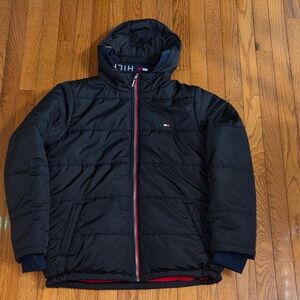 Tommy Hilfiger Black Puffer Jacket with Red & Navy Trim